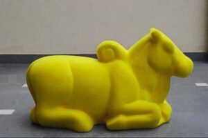 H. G. Arunkumar | Nandi in Yellow | 2008 | Fibre glass, wood, paint and swiss flock (Edition 5 of 6) | 18 x 31 x 12 Inches