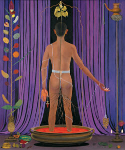 Surendran Nair | Regarding roots : (A study for a solemn free radical act: An actor performing in an imaginary play – Chapter: Epiphany (Cockoonebulopolis) | 2005 | Oil on canvas | 59 x 71 Inches