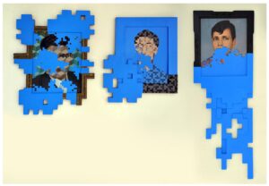 Nandan Ghiya | Three Gentlemen in Various States of Invasion | 2016 | Acrylic on painted photograph & wooden frame.(Triptych) | Left 18 x 15 Mid 22 x 17 Right 13 x 22 Inches