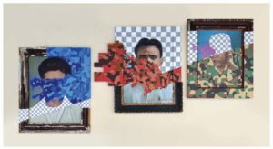 Nandan Ghiya | A Gentleman through three stages of RGB Invasion | 2016 | Acrylic on painted photograph & wooden frame.(Triptych) | Left 17.5 x 14.5, Mid 17.5 x 18, Right 16.5 x 13.5 Inches