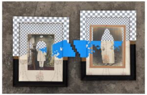 Nandan Ghiya | A Gentleman & an elderly Lady posing in 4D c. 2122 AD, | 2014-16 | Acrylic on photograph, wooden frame & vintage wallpaper (Diptych) | 21 x 19 Inches each