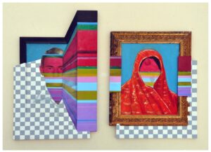 Nandan Ghiya | An Interracial Couple in a transmission error c. 2021, | 2016 | Acrylic on painted photographs, wooden frames | Left 20.8 x 12.9 Right 17.7 x 12.9 Inches