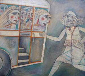 Paritosh Sen | Man trying to hop on a ladies special | 1991 | Acrylic on canvas | 60 x 54.5 inches