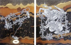 Samanta Batra Mehta | Continuum (Diptych) | 2013 | Ink, tea wash, 22k gold leaf on acid-free paper | 9 x 12each Inches