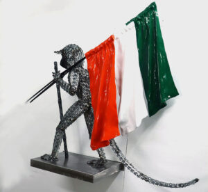 Lakshman Rao Kotturu | Flag vendor | 2022 | Steel, G.I. fencing wire, black mesh, brass, fiberglass | 38.5 (h) x 42.5 (w) x 12 (d) Inches