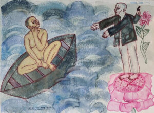 Arpita Singh | Crossing the river | 2001 | Watercolour on paper | 21 x 16 Inches