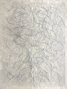 Ratna Gupta | Zephyre (A Soft Gentle Breeze) | 2023 | Embroidery thread and archival ink on mulberry paper stitched onto an acrylic sheet | 30 x 23 Inches