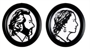 Julian Opie | Luc And Ludivine Get Married, No 9 | 2007 | Laser cut portraits and oval frames (Set of 2 units). Limited edition 1 of 10 | 17.7(D) x 15.7(W) x 3(D) Inches each